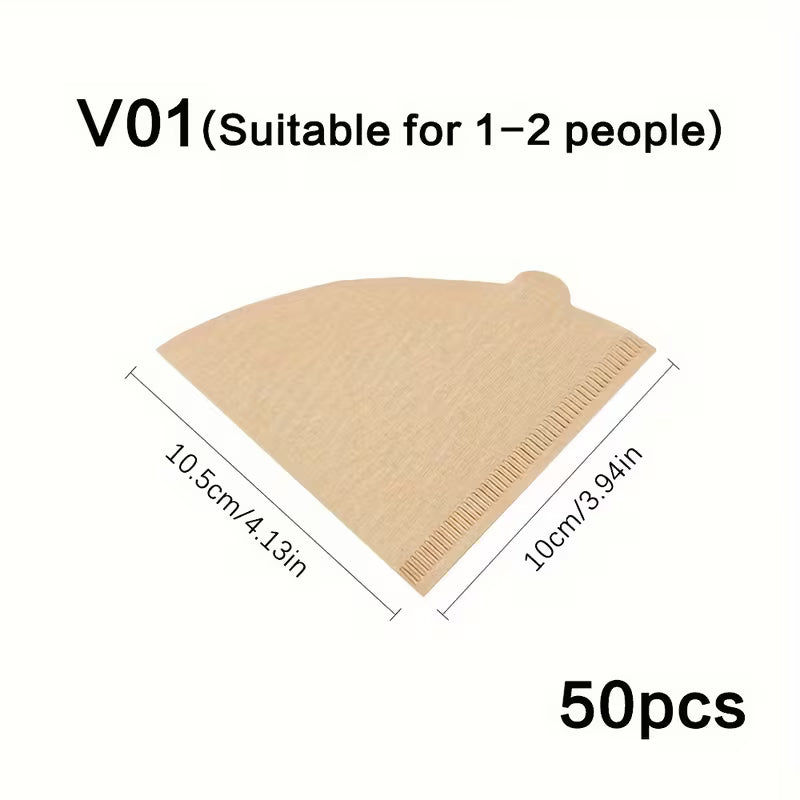 50 PCS Unbleached Natural Brown Coffee Filter Papers – V01 Cone Filters for 1–2 Cup Pour Over