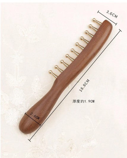 Wide-Tooth Copper Scalp Massage Comb with Long Wooden Handle – Large Round Teeth Hair Detangling & Head Massage Brush