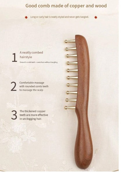 Wide-Tooth Copper Scalp Massage Comb with Long Wooden Handle – Large Round Teeth Hair Detangling & Head Massage Brush