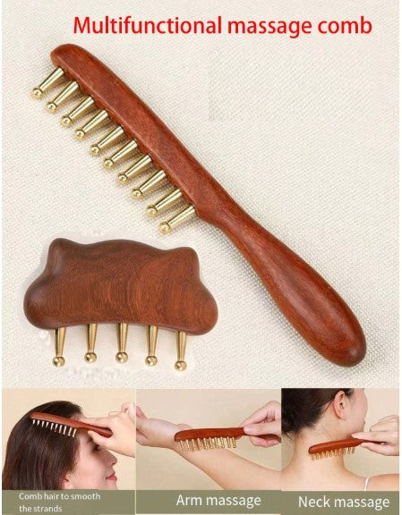 Wide-Tooth Copper Scalp Massage Comb with Long Wooden Handle – Large Round Teeth Hair Detangling & Head Massage Brush