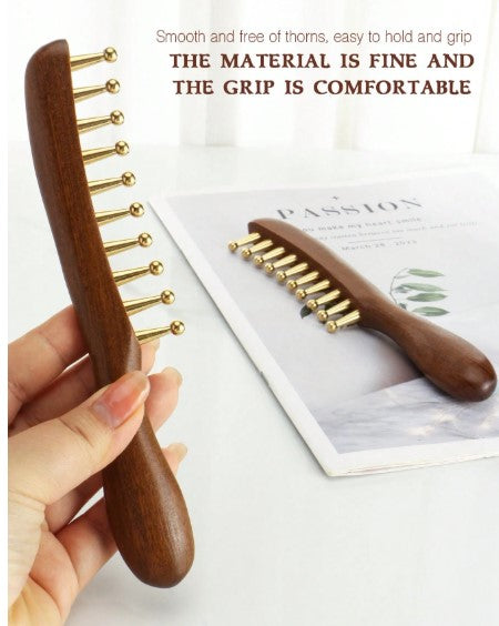 Wide-Tooth Copper Scalp Massage Comb with Long Wooden Handle – Large Round Teeth Hair Detangling & Head Massage Brush