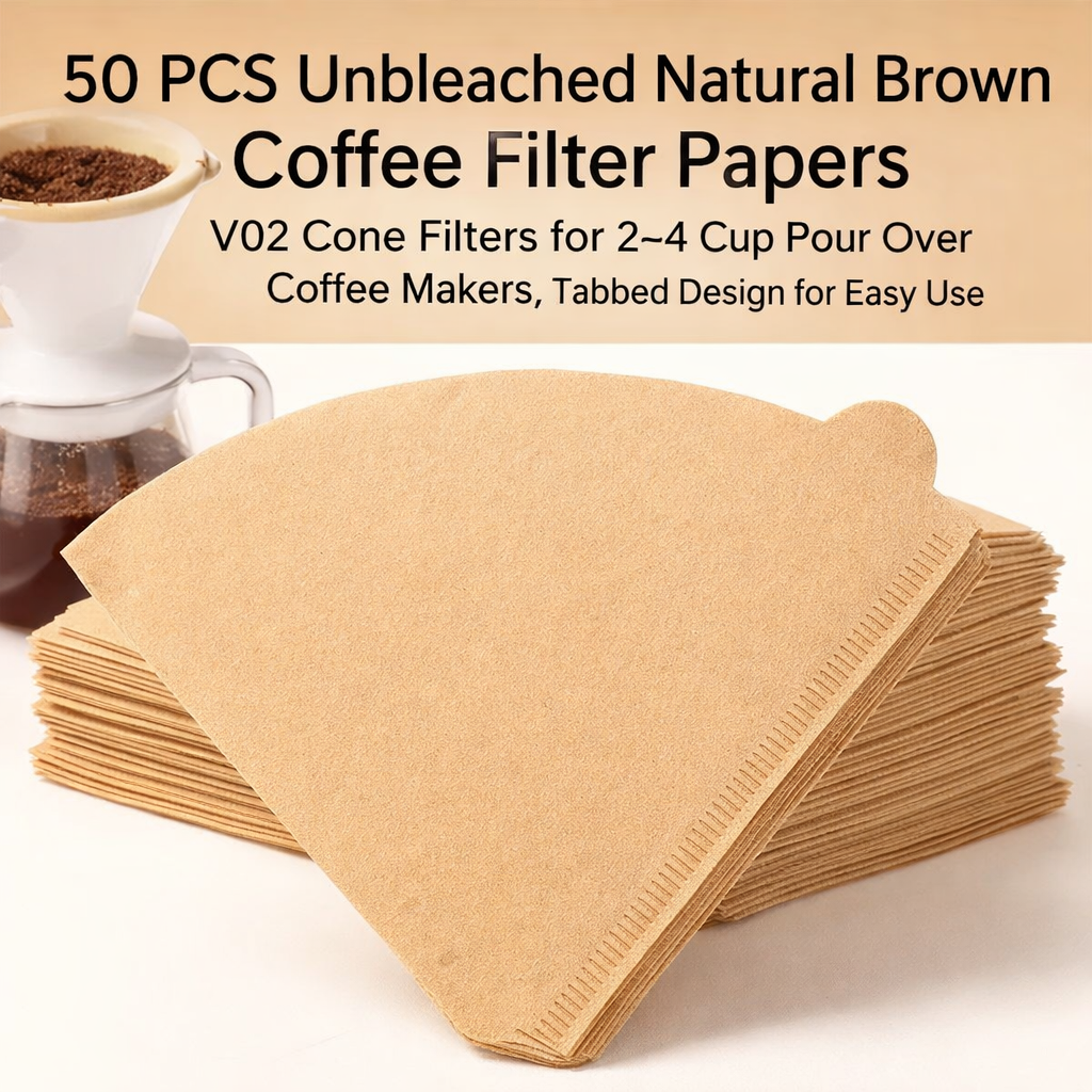 50 Pcs V2 Natural Cone Coffee Filters – V60 Unbleached & Disposable.