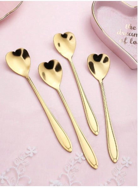 4-Piece Golden Heart-Shaped Coffee Spoons – Premium Stainless Steel Cute Dessert Spoons for Espresso, Tea, Sugar.